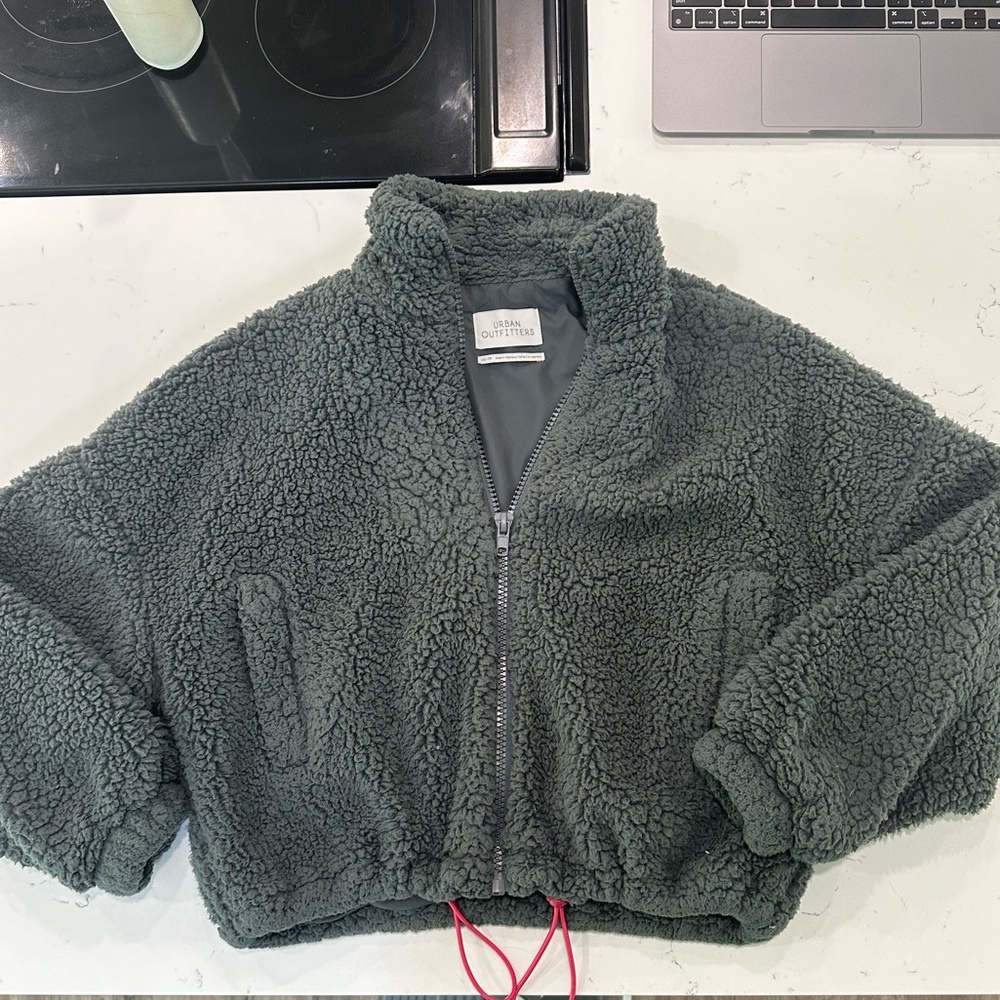 Urban outfitters charcoal grey Sherpa cropped jacket